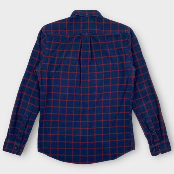 Farah Shirt Mens Small Slim Fit Flannel Windowpane Check Navy Logo Button Down - Picture 8 of 13